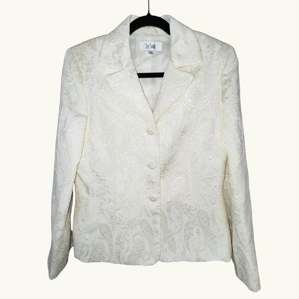 Le Suit Blazer Jacket Cream Beige Jacquard Paisley Wedding Mother Cocktail Sz 10